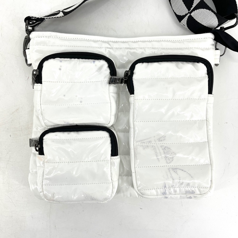 THINK ROLYN White Puffer Crossbody Bag with Graphic Strap - Picture 2 of 7
